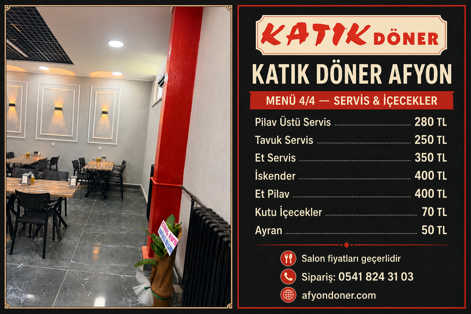 Katık Döner Afyonkarahisar salon ve içecek menüsü